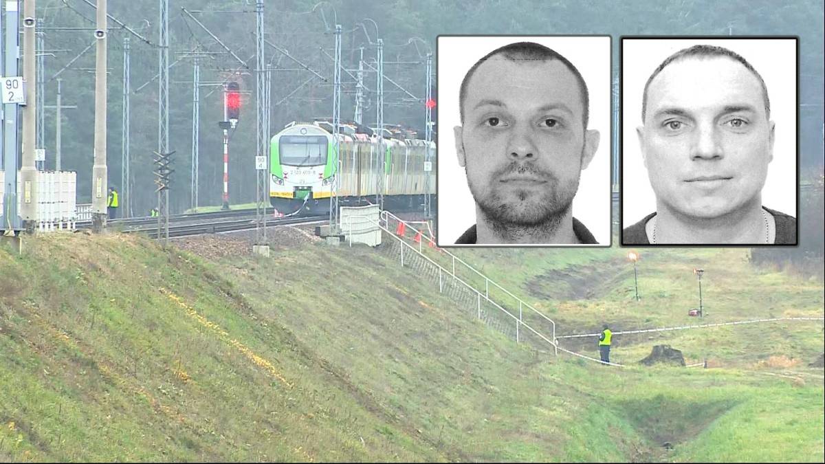 Zdjęcie przedstawia torowisko kolejowe z pociągiem, a w ramkach obok wizerunki dwóch mężczyzn poszukiwanych listem gończym.