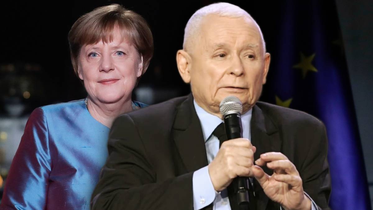 Jarosław Kaczyński i Angela Merkel stojący obok siebie.
