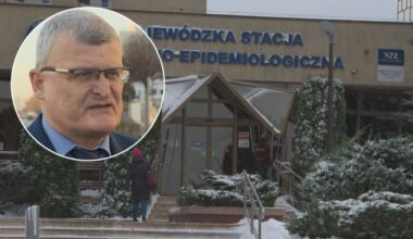 Portret mężczyzny w okularach nałożony na zdjęcie budynku stacji sanitarno-epidemiologicznej.