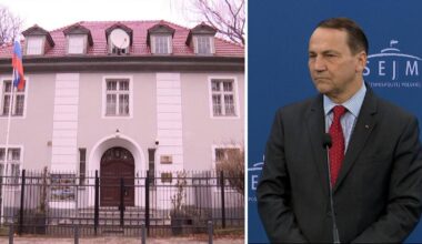 Budynek konsulatu Rosji w Polsce oraz minister spraw zagranicznych Radosław Sikorski.