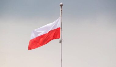 Biało-czerwona flaga Polski powiewa na maszcie na tle jasnego nieba.