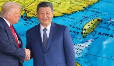 Kolaż zdjęć przedstawiający prezydenta USA Donalda Trumpa (L) i prezydenta Chin Xi Jinpinga na tle mapy Tajwanu