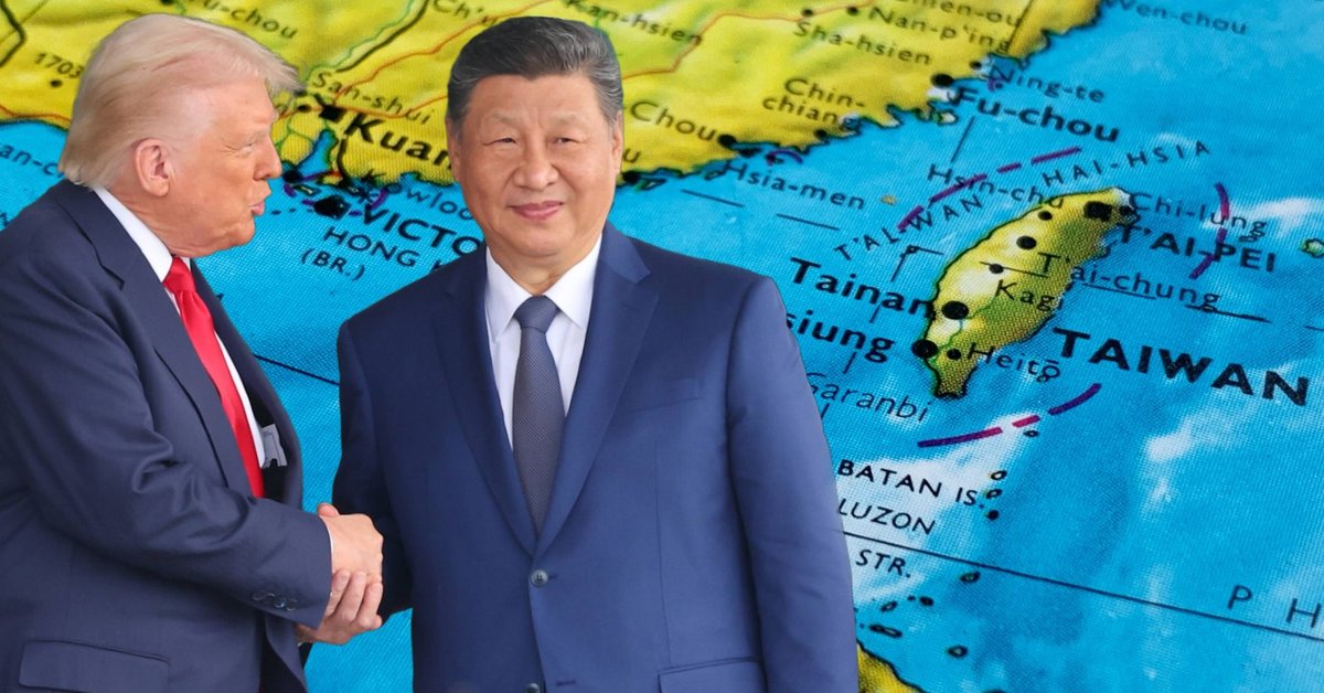 Kolaż zdjęć przedstawiający prezydenta USA Donalda Trumpa (L) i prezydenta Chin Xi Jinpinga na tle mapy Tajwanu