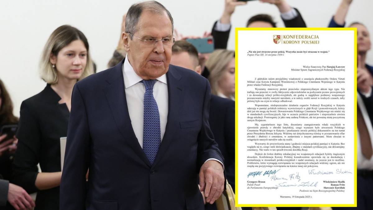 Siergiej Ławrow, minister spraw zagranicznych Rosji, obok niego widoczny fragment listu.