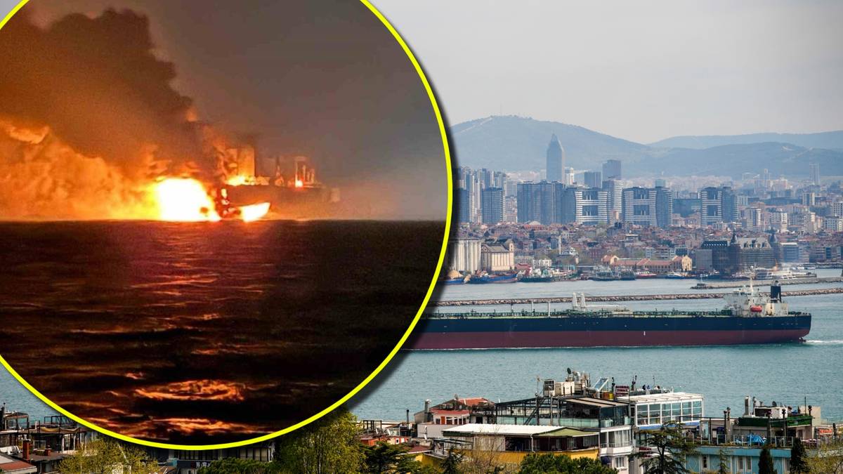 Tankowiec płonący na morzu, widoczny na pierwszym planie w okrągłym wycinku, oraz inny tankowiec na wodzie z panoramą miasta w tle.