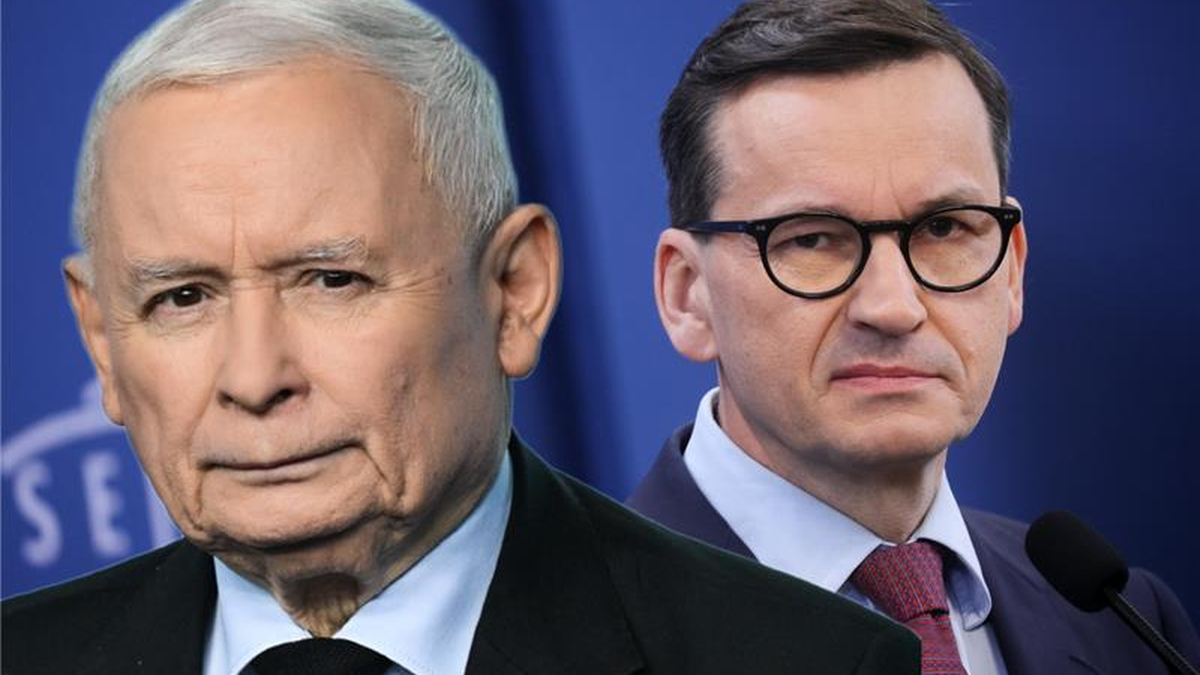 Zdjęcie przedstawia zbliżenie na twarze Jarosława Kaczyńskiego i Mateusza Morawieckiego, polityków Prawa i Sprawiedliwości.