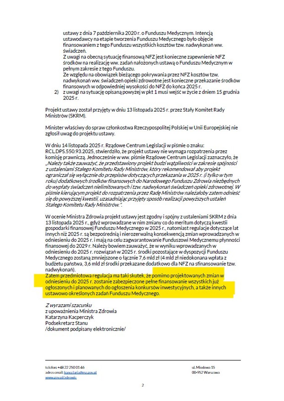 Druga strona pisma wiceminister zdrowia do szefowej RCL