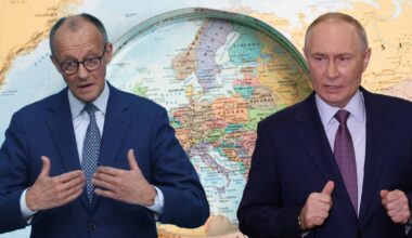 Po lewej kanclerz Niemiec Friedrich w Berlinie, 20 października 2025 r. Po prawej prezydent Rosji Władimir Putin w Moskwie, 23 października 2025 r. W tle grafika uwzględniająca mapę Europy