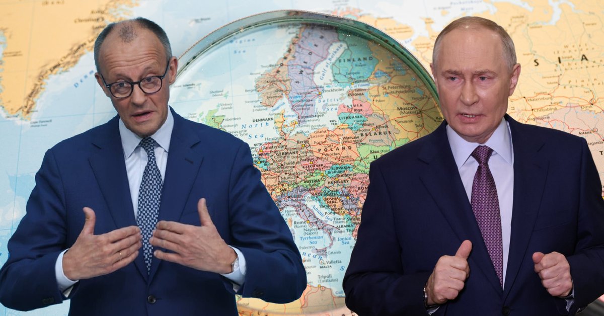 Po lewej kanclerz Niemiec Friedrich w Berlinie, 20 października 2025 r. Po prawej prezydent Rosji Władimir Putin w Moskwie, 23 października 2025 r. W tle grafika uwzględniająca mapę Europy