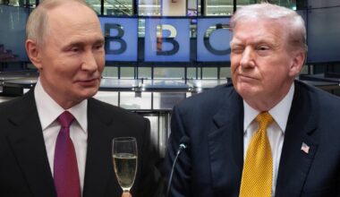 Po lewej Władimir Putin, po prawej Donald Trump. W tle wejście do siedziby BBC w Londynie