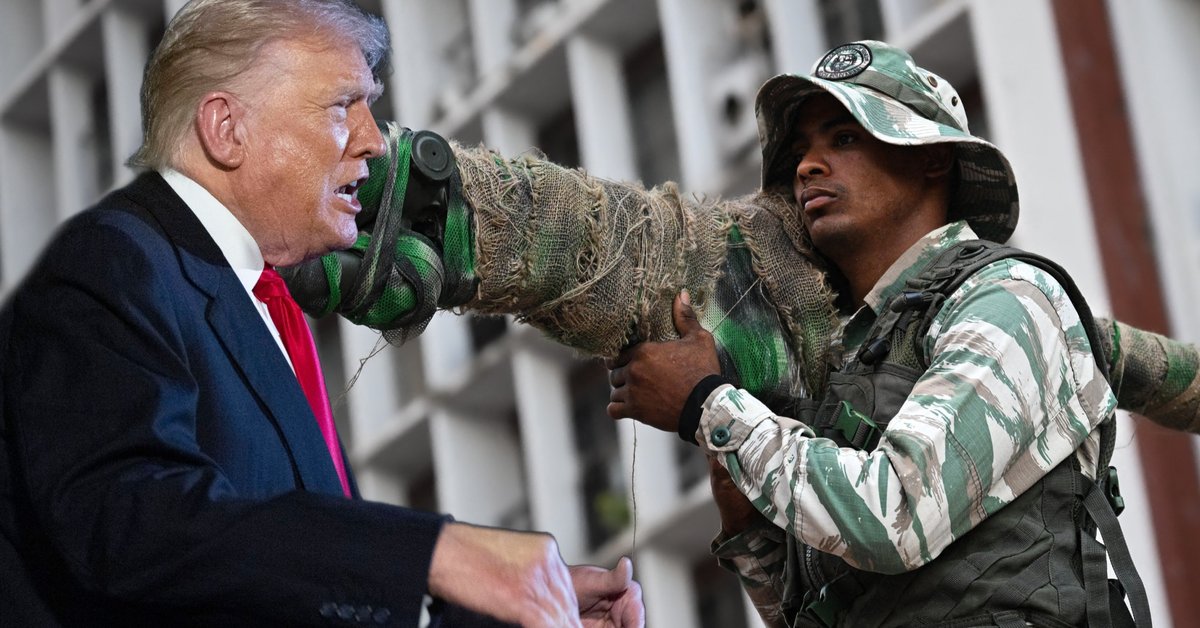 Po lewej Donald Trump. Na zdjęciu głównym członek Boliwariańskiej Milicji Narodowej z rosyjską przenośną wyrzutnią rakiet podczas protestu przeciwko działalności wojskowej USA na Karaibach. Caracas, Wenezuela 30 października 2025 r.