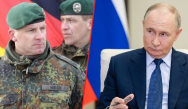 Z lewej generał brygady, dowódca 45. Brygady Pancernej "Litwa" Christoph Huber podczas powitalnej uroczystości pierwszych oddziałów NATO w Wilnie, Litwa, 7 lutego 2017 r. Z prawej prezydent Rosji Władimir Putin podczas spotkania ze swoimi urzędnikami w rezydencji państwowej pod Moskwą, Rosja, 6 czerwca 2025 r.