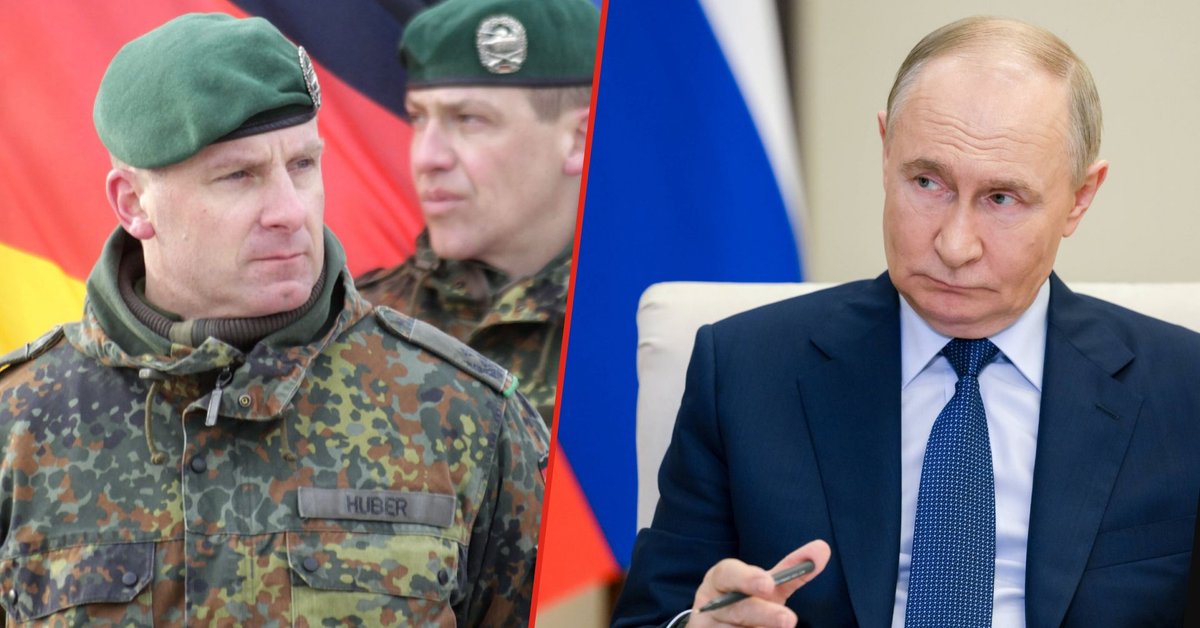 Z lewej generał brygady, dowódca 45. Brygady Pancernej "Litwa" Christoph Huber podczas powitalnej uroczystości pierwszych oddziałów NATO w Wilnie, Litwa, 7 lutego 2017 r. Z prawej prezydent Rosji Władimir Putin podczas spotkania ze swoimi urzędnikami w rezydencji państwowej pod Moskwą, Rosja, 6 czerwca 2025 r.