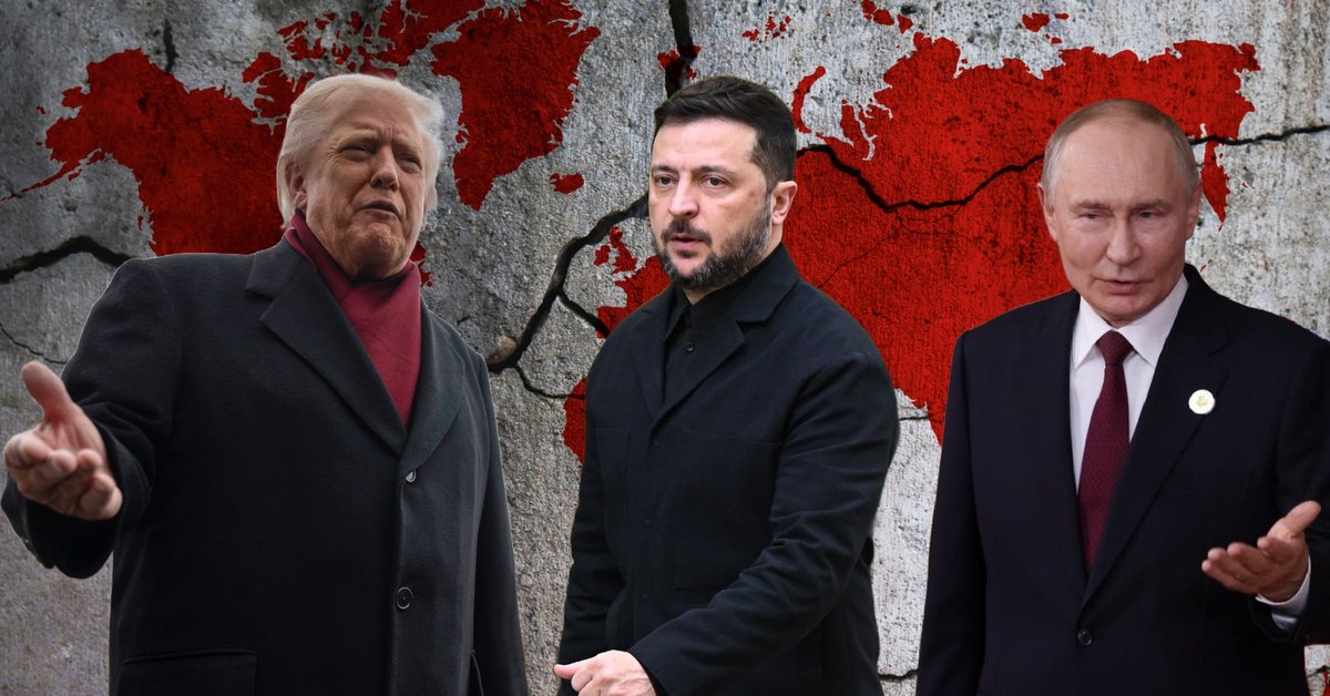 Po lewej prezydent Stanów Zjednoczonych Donald Trump w Waszyngtonie, 22 listopada 2025 r. W środku prezydent Ukrainy Wołodymyr Zełenski w Londynie, 24 października 2025 r. Po prawej przywódca Rosji Władimir Putin w Duszanbe w Tadżykistanie, 10 października 2025 r. W tle grafika uwzględniająca mapę świata