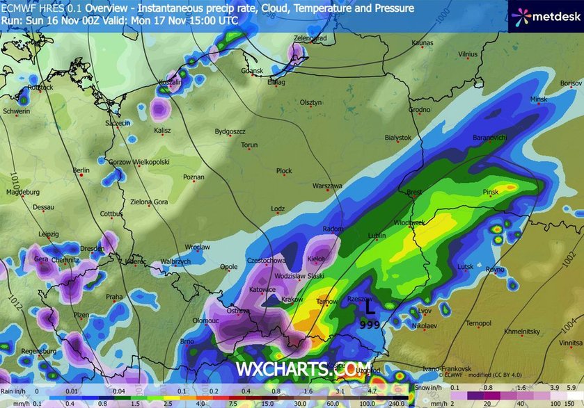 W poniedziałek na południowym wschodzie przejdą ulewy i śnieżyce