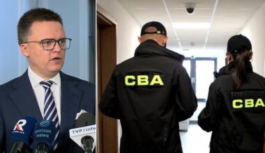 Kolaż zdjęć: mężczyzna w garniturze mówiący do mikrofonów i dwaj funkcjonariusze CBA w kurtkach z napisem "CBA".