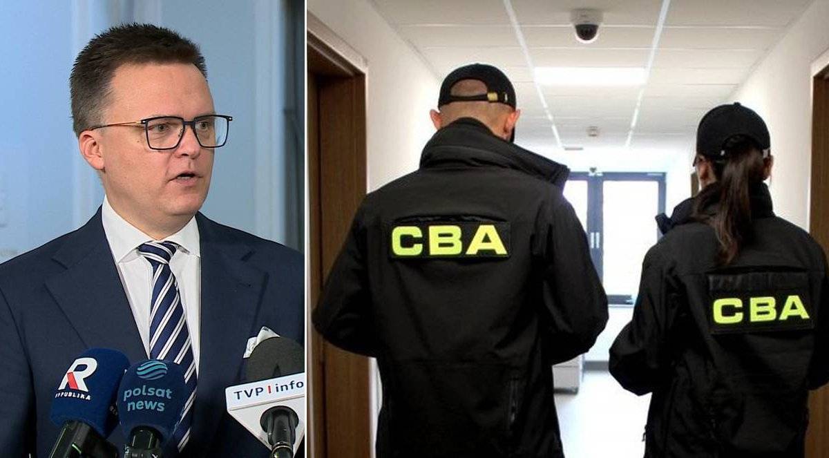 Kolaż zdjęć: mężczyzna w garniturze mówiący do mikrofonów i dwaj funkcjonariusze CBA w kurtkach z napisem "CBA".