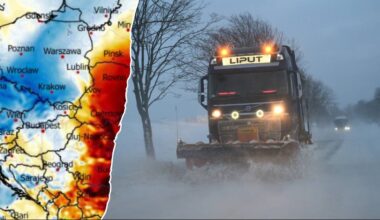 Mapa Polski z kolorowymi strefami temperatur obok zdjęcia pracującej odśnieżarki na zaśnieżonej drodze.