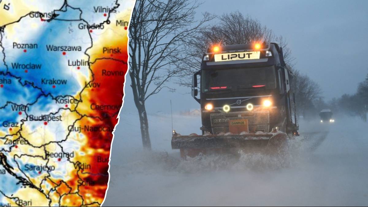 Mapa Polski z kolorowymi strefami temperatur obok zdjęcia pracującej odśnieżarki na zaśnieżonej drodze.