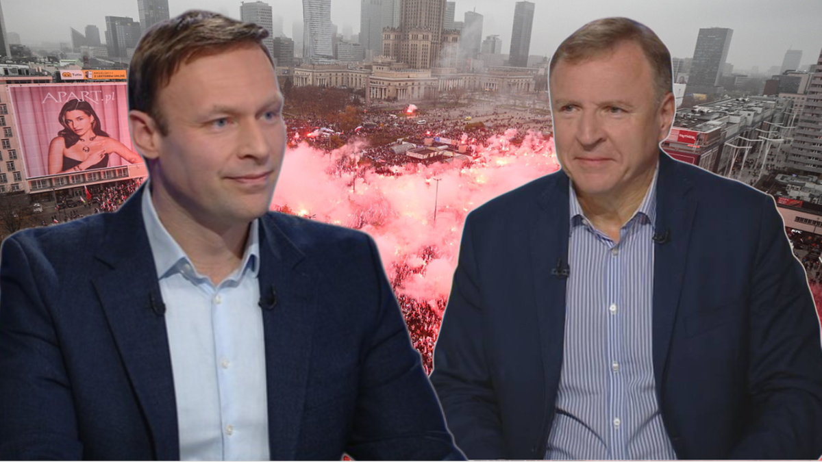 Kolaż przedstawiający polityków Jacka Kurskiego i Marcina Mastalerkę na tle tłumu z racami podczas Marszu Niepodległości w Warszawie.