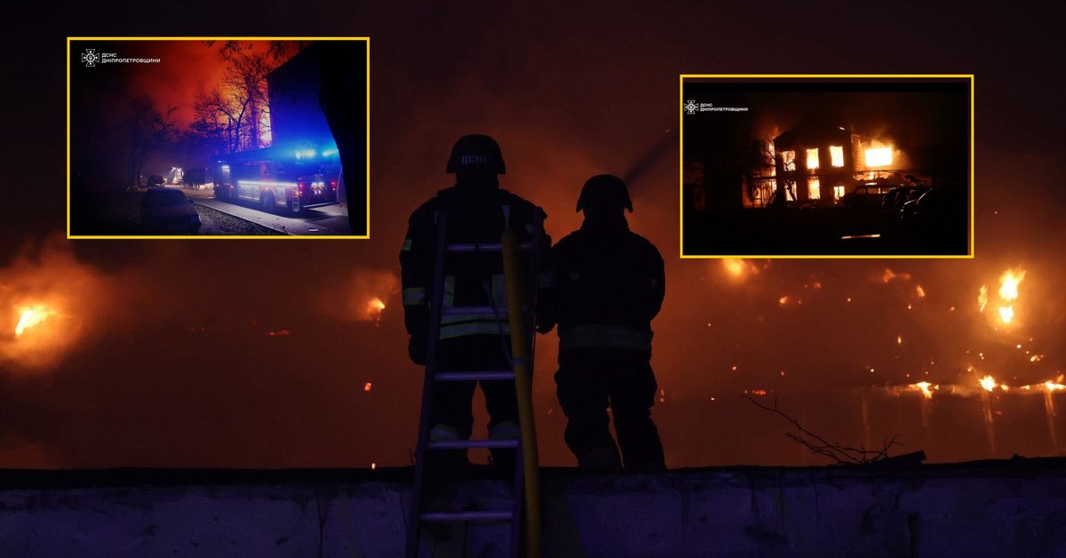 Zdjęcia udostępnione przez Państwową Służbę ds. Sytuacji Nadzwyczajnych obwodu dniepropietrowskiego po zmasowanym ataku na Dniepr. Ukraina, 17-18 listopada 2025 r.