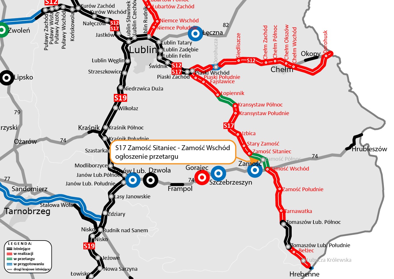 Droga S17 między Lublinem a Zamościem na mapie