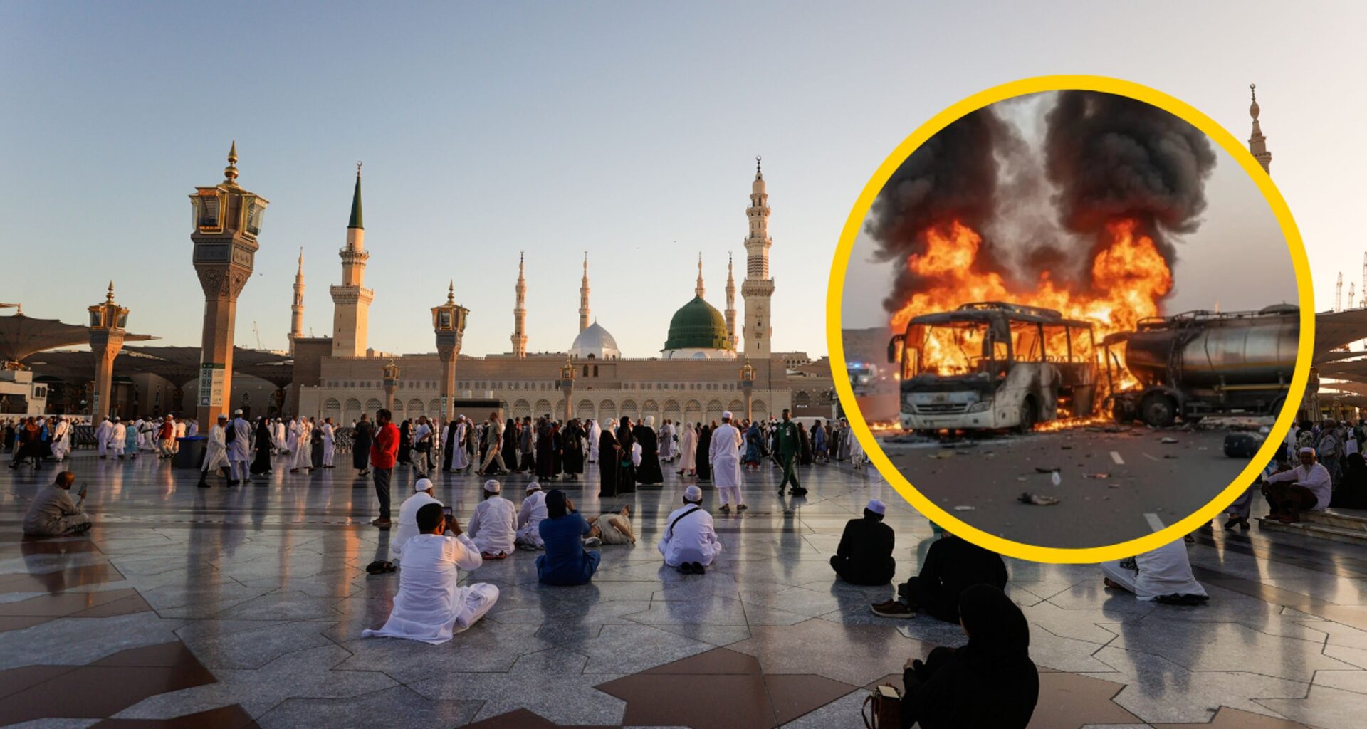 Katastrofa autokaru z pielgrzymami do Medyny (zdjęcie w kółku: x.com/Muslim_ITCell) (zdjecie główne: Medyna w Arabii Saudyjskiej)