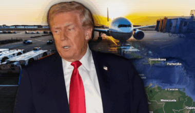 Donald Trump stojący przed lotniskiem na tle samolotu i mapy Wenezueli.