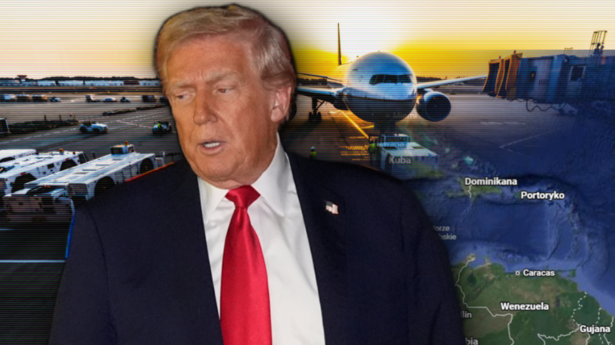 Donald Trump stojący przed lotniskiem na tle samolotu i mapy Wenezueli.