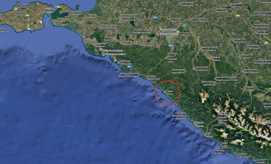 Mapa z dokładnym położeniem portowego miast Tuapse
