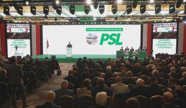 Sala kongresowa z uczestnikami, na scenie ekran z logo PSL i przemawiająca osoba