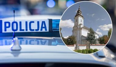 Napis POLICJA na dachu radiowozu obok okrągłego kadru z kościołem w Tuchowie.