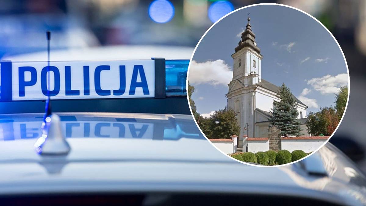 Napis POLICJA na dachu radiowozu obok okrągłego kadru z kościołem w Tuchowie.