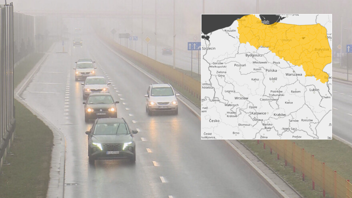 Droga w mglisty dzień z samochodami oraz mapa Polski z zaznaczonymi obszarami ostrzeżeń meteorologicznych przed opadami marznącymi.