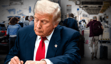 Prezydent USA Donald Trump pochyla się nad dokumentem, podpisując ustawę o finansowaniu rządu, w tle widoczne zatłoczone lotnisko.