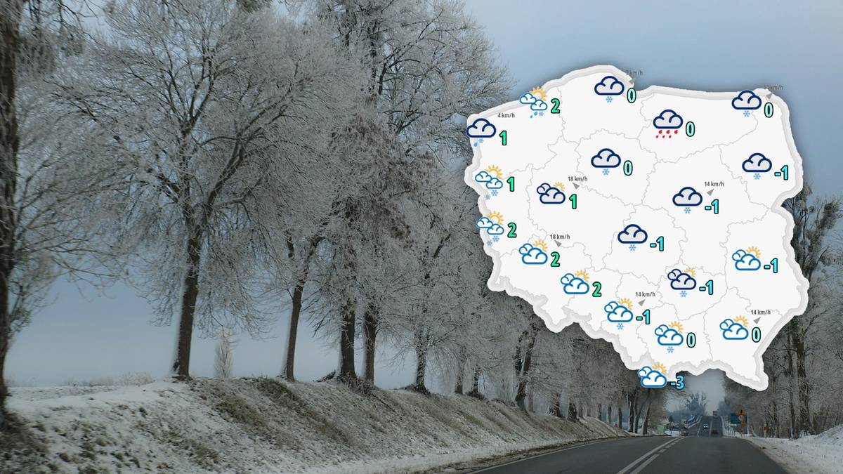 Mapa Polski z prognozą pogody pokazująca opady śniegu i niskie temperatury.