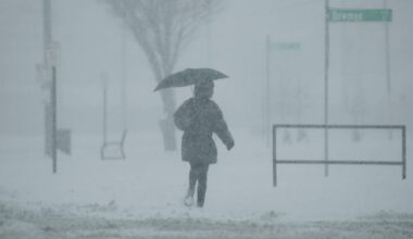 Osoba z parasolką idąca przez zaśnieżoną ulicę podczas silnych opadów śniegu, widoczność jest ograniczona.