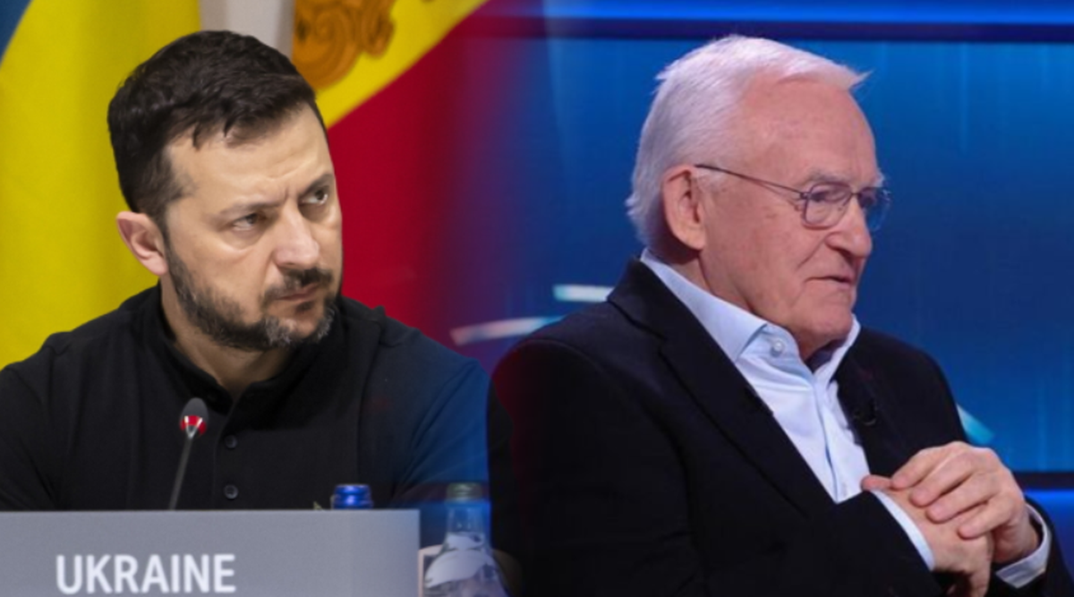 Wołodymyr Zełenski i Bronisław Komorowski na tle flagi Ukrainy i studia telewizyjnego.