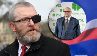 Portret polityka z zasłoniętym okiem i brodą, w tle mniejsze zdjęcie mężczyzny w garniturze za mównicą z logo PSL.