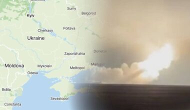 Mapa Ukrainy z zaznaczonymi miastami, połączona z obrazem wybuchu lub startu rakiety z unoszącym się dymem.