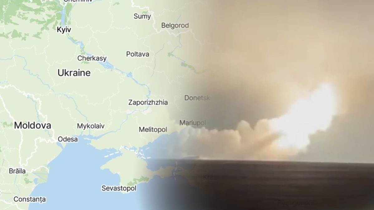 Mapa Ukrainy z zaznaczonymi miastami, połączona z obrazem wybuchu lub startu rakiety z unoszącym się dymem.