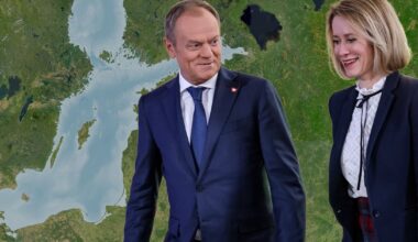 Donald Tusk, premier Polski, i Kaja Kallas, szefowa unijnej dyplomacji i była premierka Estonii, na tle satelitarnej mapy Bałtyku. Zdjęcie ilustracyjne