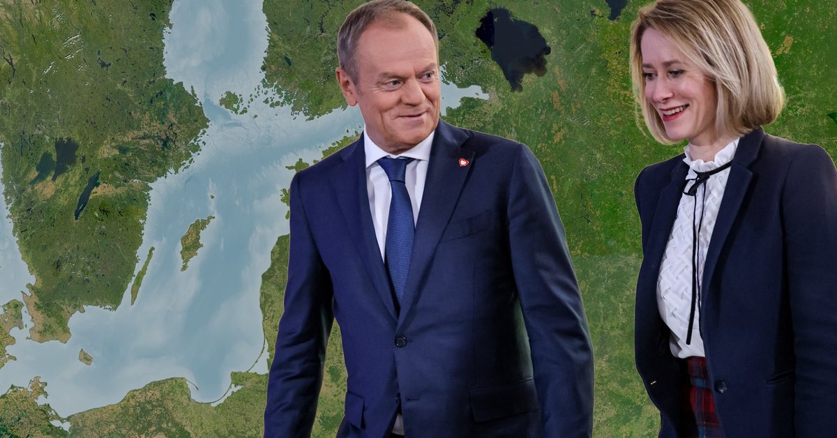 Donald Tusk, premier Polski, i Kaja Kallas, szefowa unijnej dyplomacji i była premierka Estonii, na tle satelitarnej mapy Bałtyku. Zdjęcie ilustracyjne