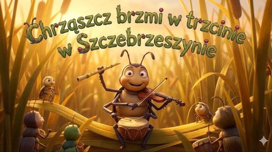 W stylu animowanych filmów przygotuj grafikę, która przedstawia chrząszcza, który gra na instrumentach w trzcinie i dodaj tam duży kreskówkowy napis "Chrząszcz brzmi w trzcinie w Szczebrzeszynie" — tak brzmiał prompt dla powyższej grafiki