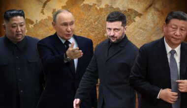 Od lewej: przywódca Korei Północnej Kim Dzong Un we Władywostoku w Rosji, 25 kwietnia 2019 r. Obok niego prezydent Rosji Władimir Putin w Moskwie, 5 listopada 2025 r. Dalej prezydent Ukrainy Wołodymyr Zełenski w Londynie, 24 października 2025 r. Po prawej Xi Jinping, przywódca Chin, w Pekinie, 4 marca 2024 r. W tle mapa Eurazji