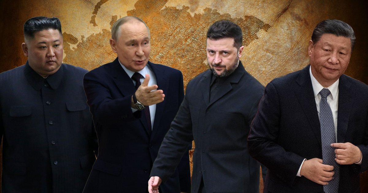 Od lewej: przywódca Korei Północnej Kim Dzong Un we Władywostoku w Rosji, 25 kwietnia 2019 r. Obok niego prezydent Rosji Władimir Putin w Moskwie, 5 listopada 2025 r. Dalej prezydent Ukrainy Wołodymyr Zełenski w Londynie, 24 października 2025 r. Po prawej Xi Jinping, przywódca Chin, w Pekinie, 4 marca 2024 r. W tle mapa Eurazji