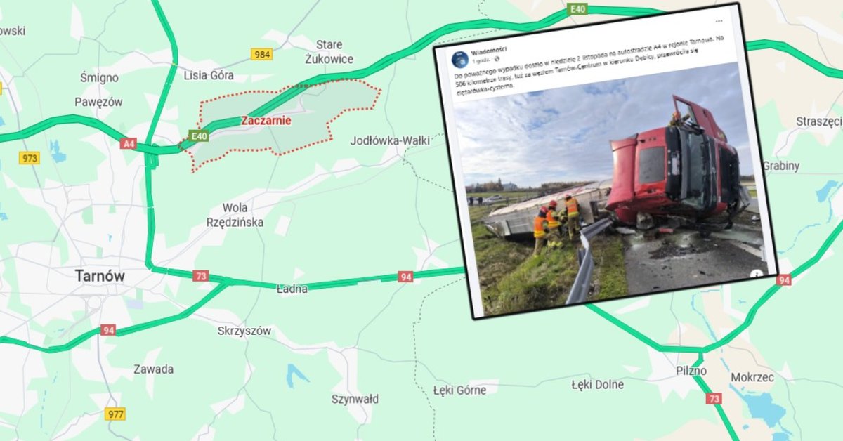 Cysterna wpadła do rowu. Utrudnienia w ruchu na A4, droga częściowo zablokowana - Onet