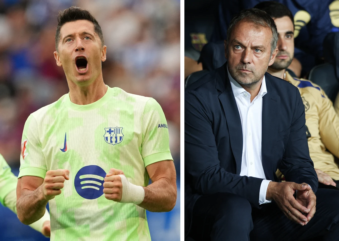 FC Barcelona. Robert Lewandowski oraz trener Hansi Flick