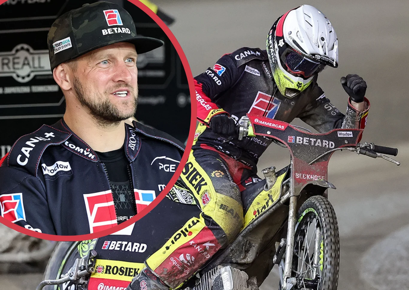 Zawodnik żużlowy w trakcie wyścigu na torze oraz jego portretowy wizerunek w okrągłym kadrze. Strój zawodnika pokryty logotypami sponsorów, motocykl ubrudzony błotem oraz widoczne ochraniacze na ciele sportowca.