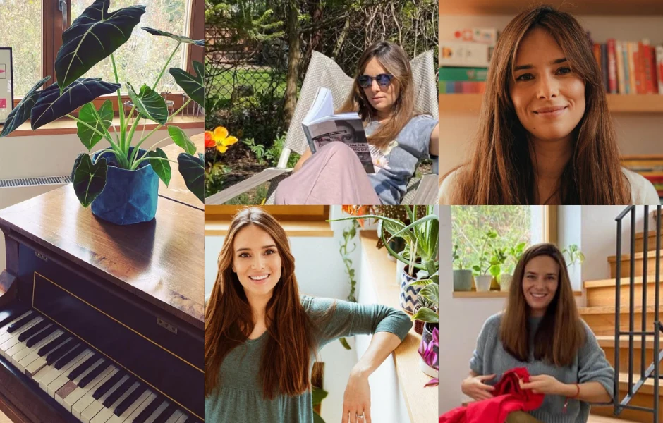 Kolaż przedstawiający kobietę w różnych sytuacjach codziennych – czyta na leżaku w ogrodzie, uśmiecha się w pokoju przy regałach z książkami, stoi przy roślinach doniczkowych oraz pianinie, a także wykonuje domową czynność przy schodach. W jednej z czę...